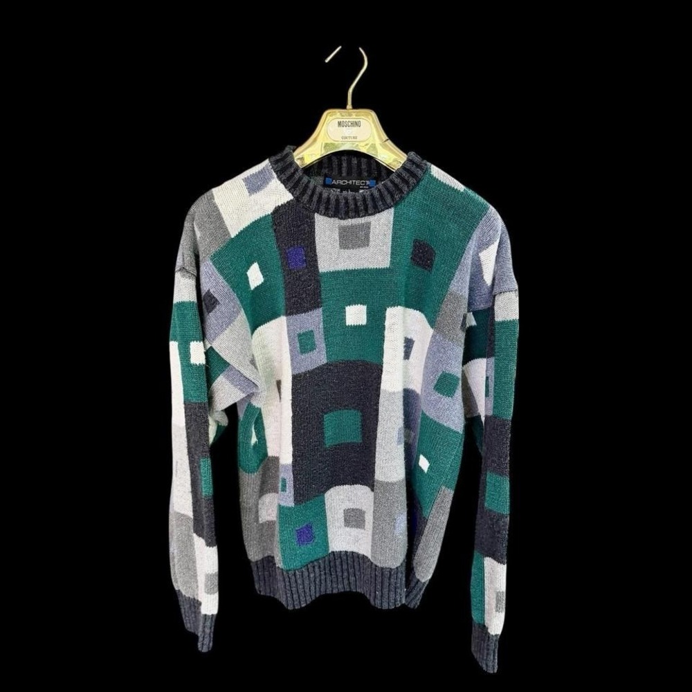 Vintage Architect Sweater Mens Large 90's Knit Geometric Pattern Sweatshirt
